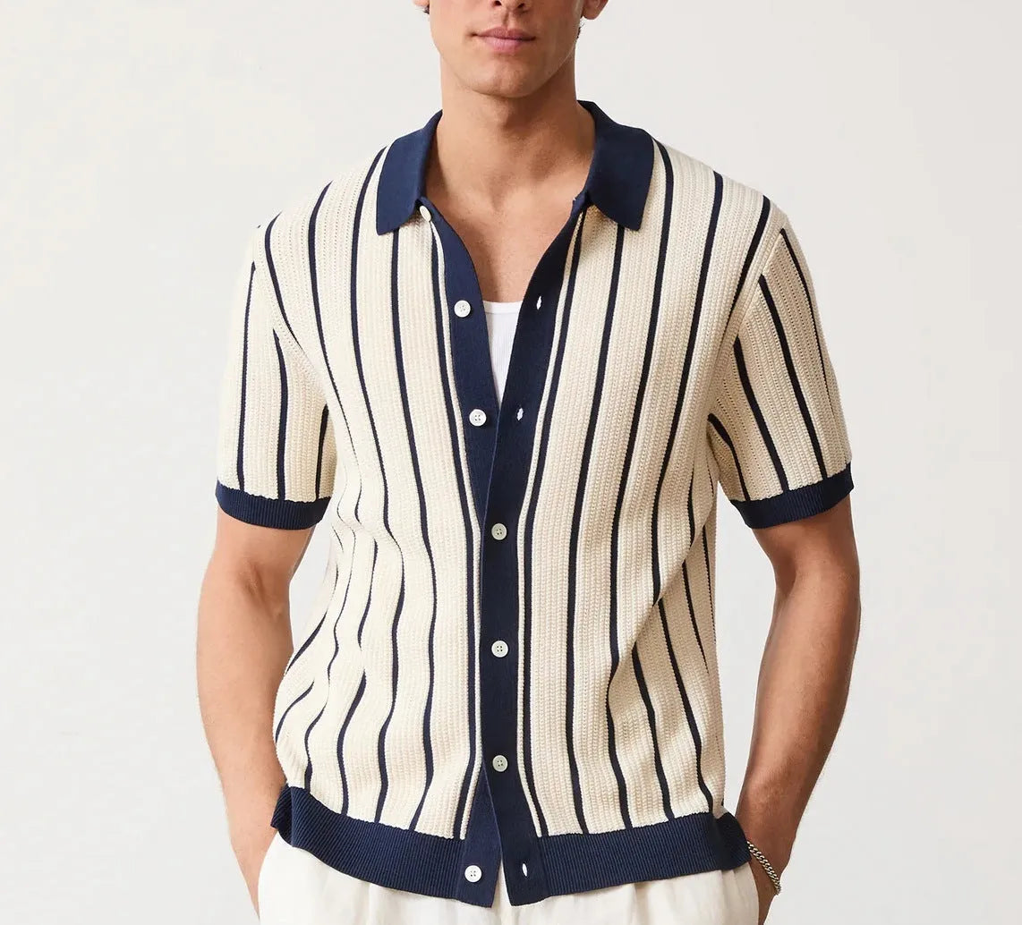 Men's white knitted short sleeve top with asymmetric lapel collar design and striped pattern detail