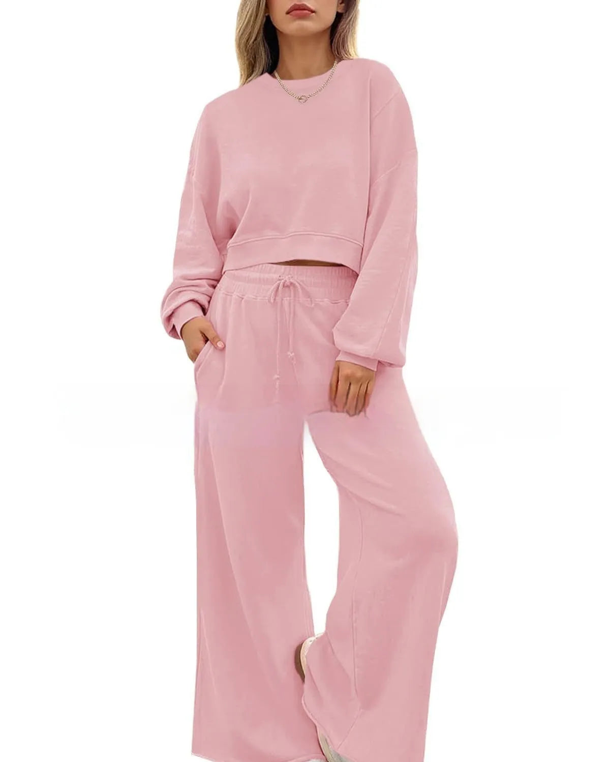 Women's solid colour polyester two-piece trousers set with street hipster styling