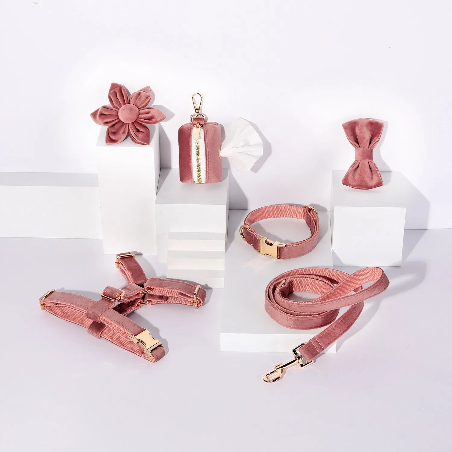 Classic velvet soft pet collar traction rope set with matching harness and accessories in multiple colour options