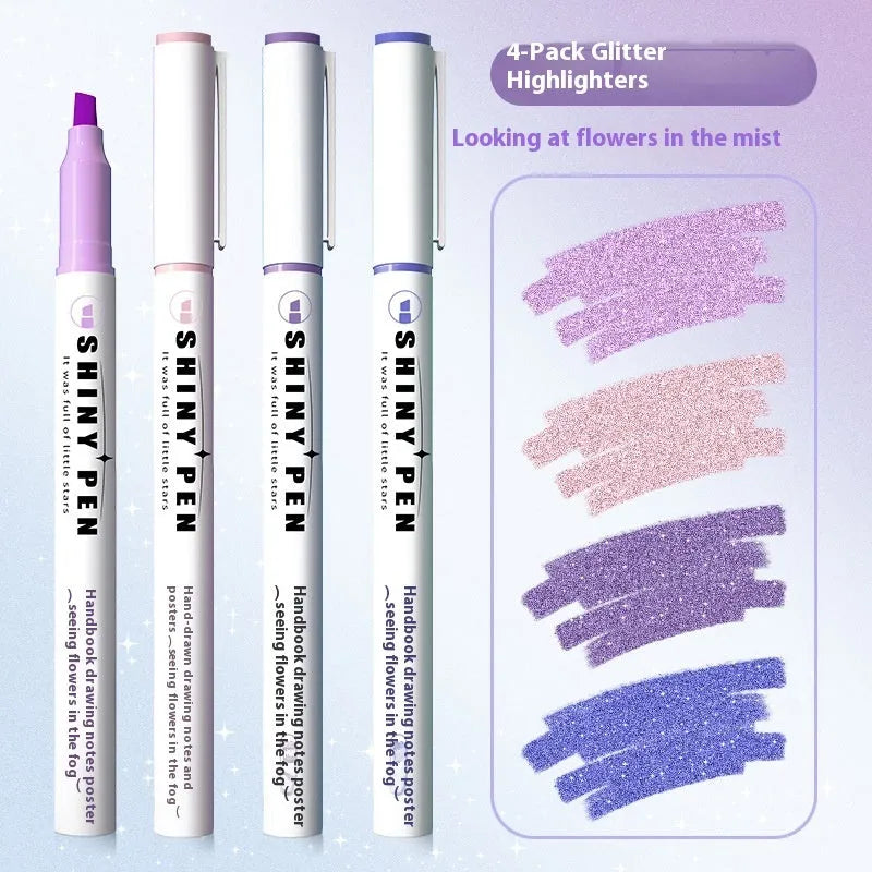 Set of four Sparkling Star River glitter highlighter pens in assorted pastel colours with slanted tips.