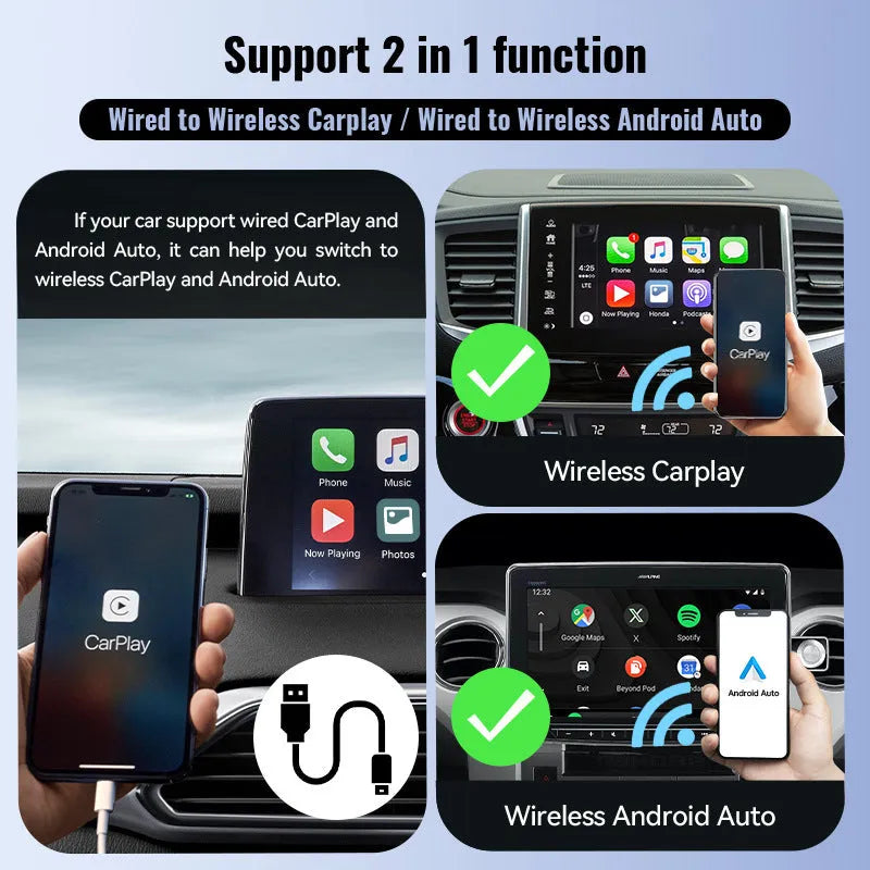 Black mini CarPlay USB wireless adapter measuring 26x55x13mm for vehicle connectivity