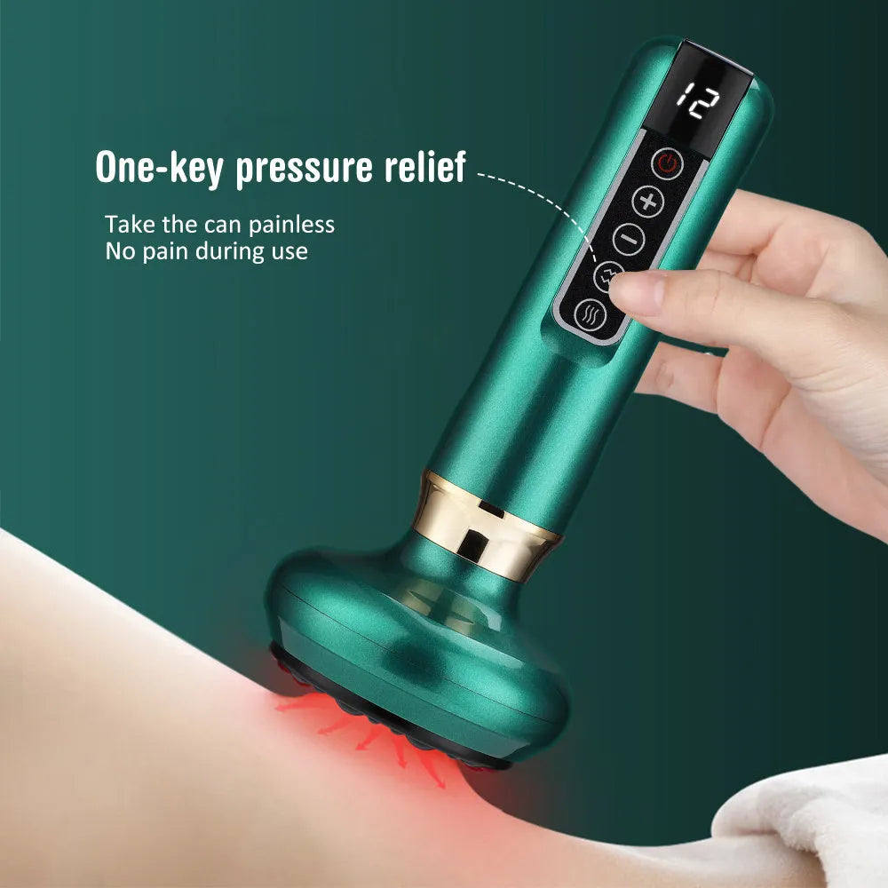 Green electric vacuum cupping massager with adjustable suction and heating controls