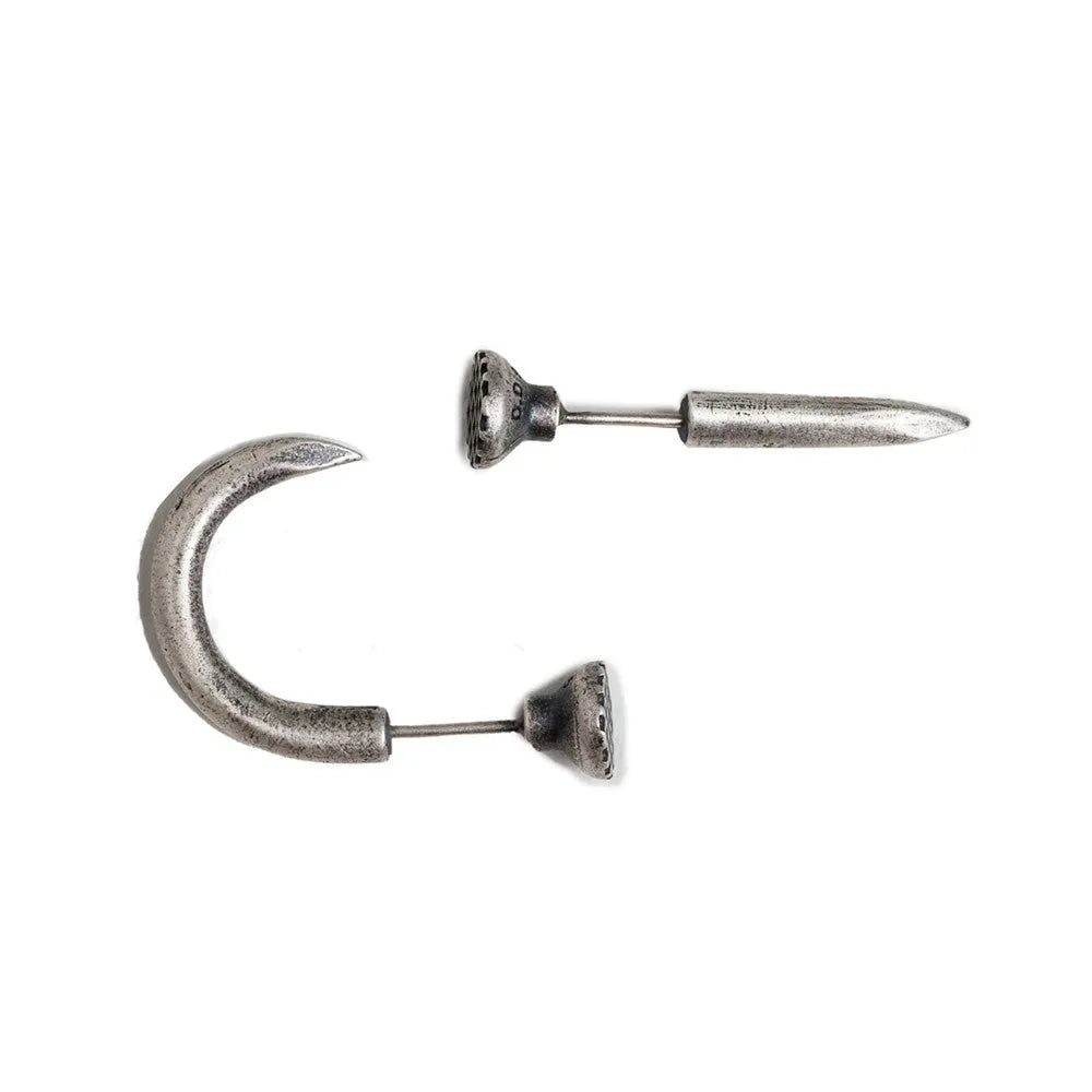 S925 sterling silver punk stud earring in a retro straight or curved nail design on an ear hook.