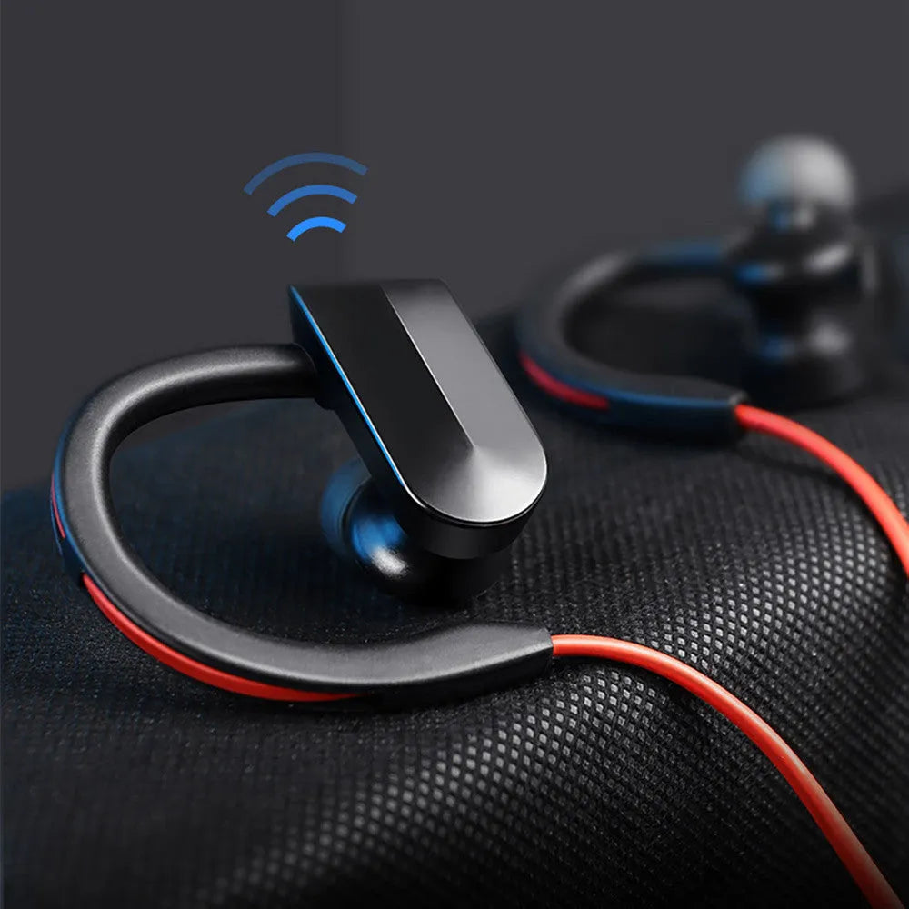 Wireless neckband Bluetooth earphones in black, blue or red colours showing neckband design and earbuds