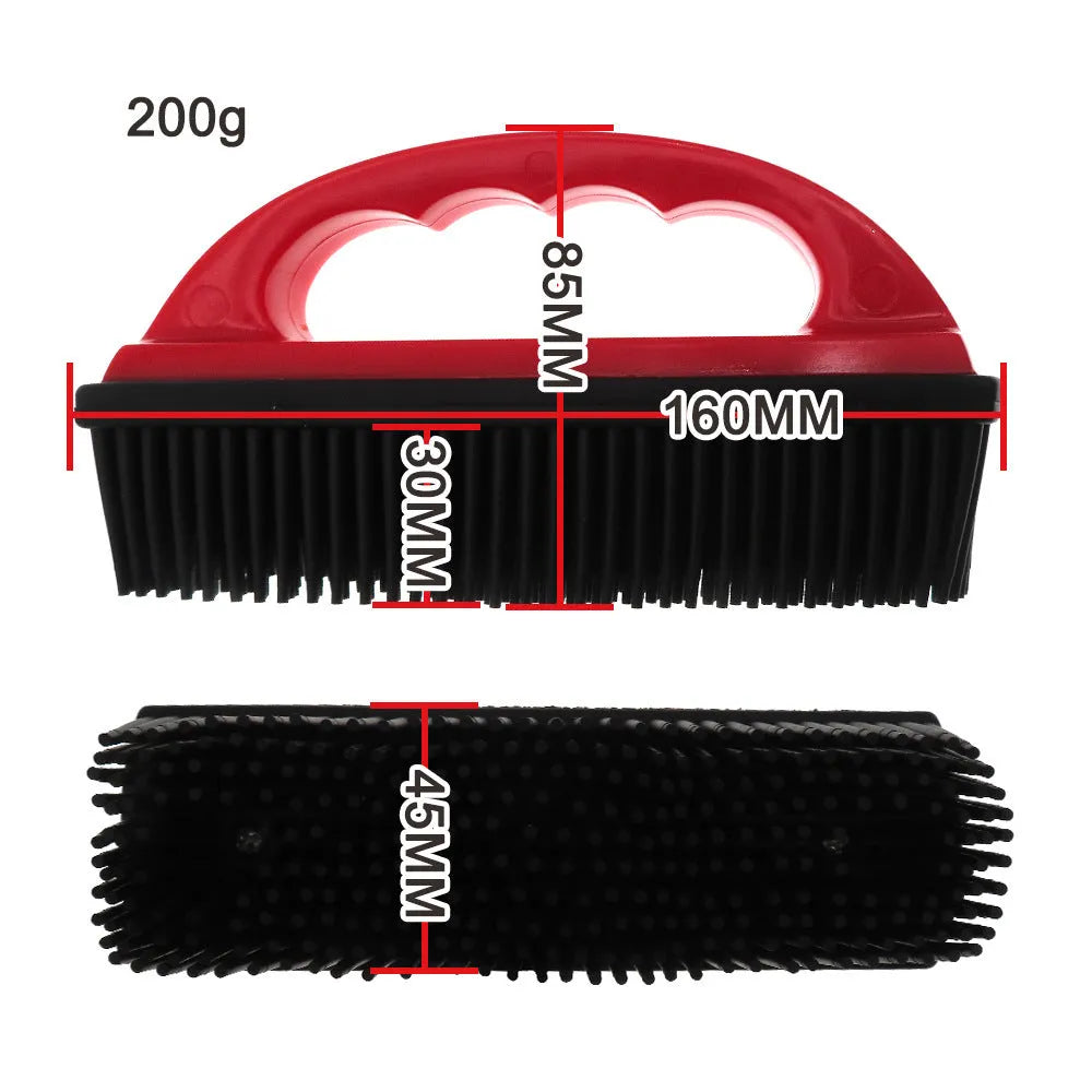 Red pet hair removal brush for bathing, massage and carpet cleaning measuring 160mm by 85mm