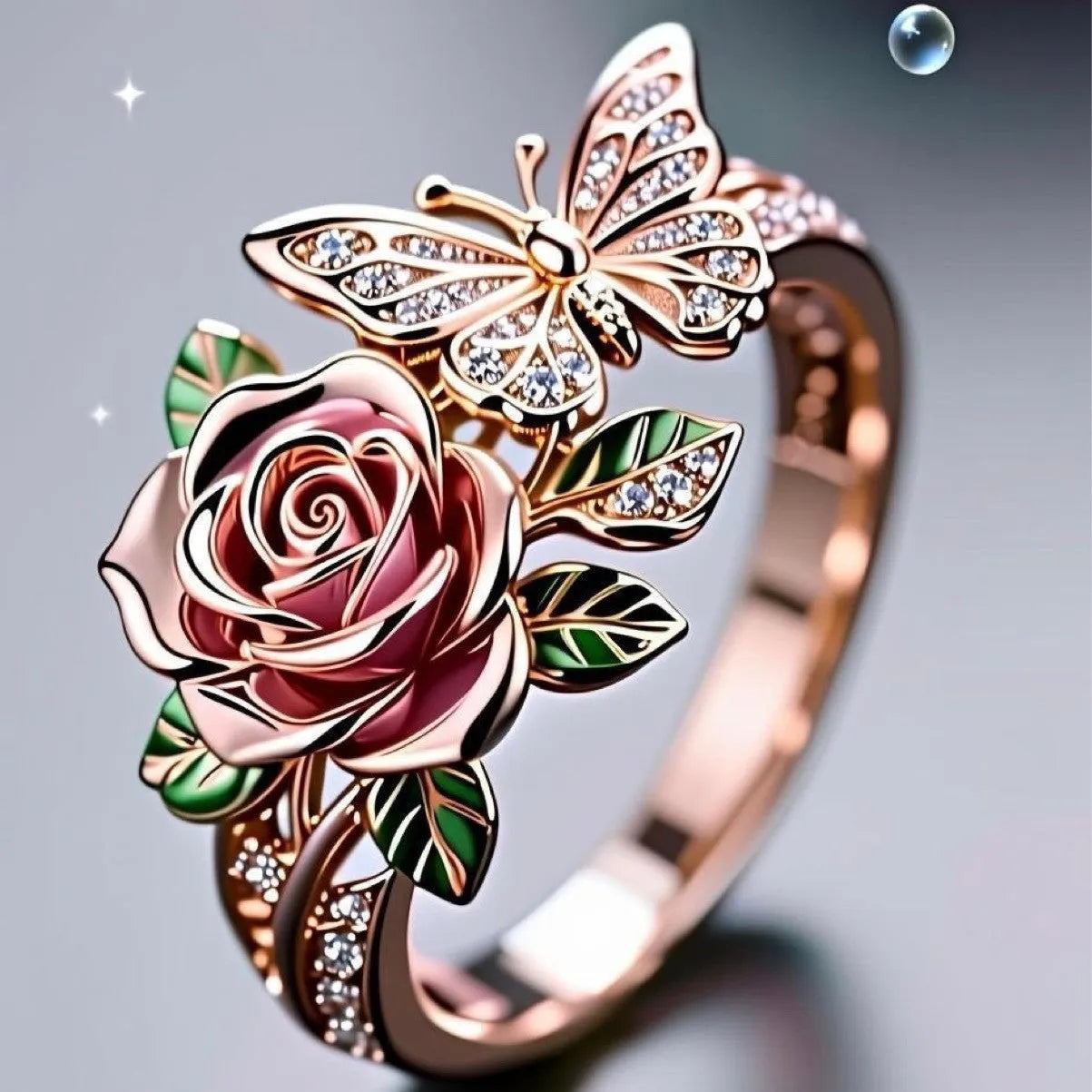 Alloy adjustable ring with oil-dipped butterfly and floral design in fairy style