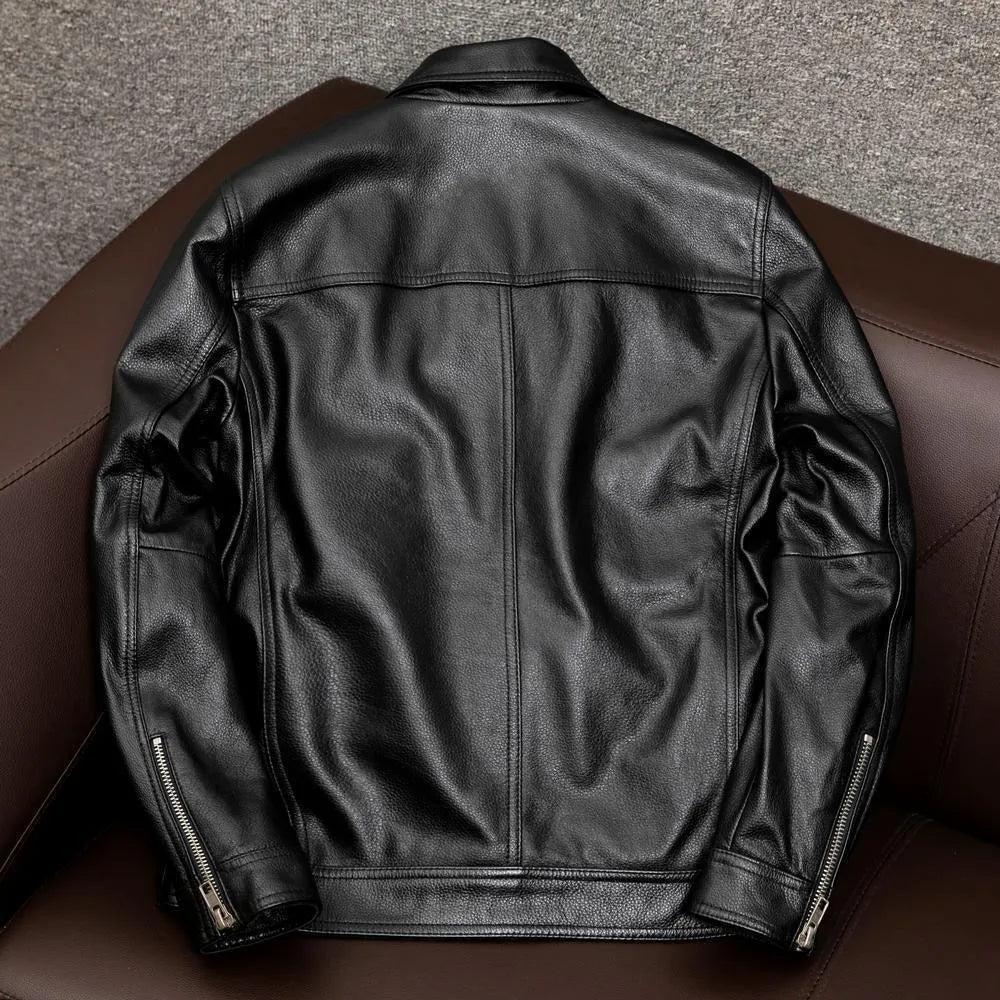 Men's black plus size lapel leather jacket with side pockets and loose fit design