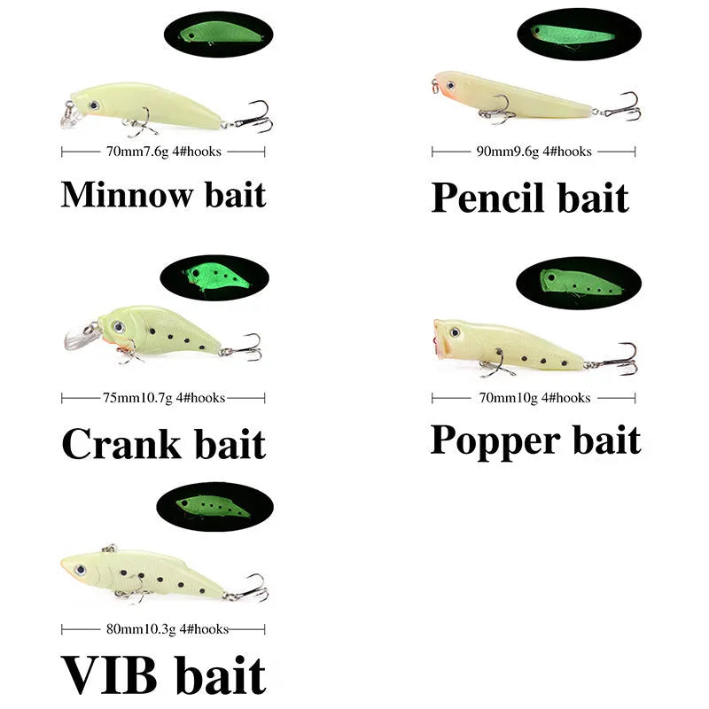 Five 3D fluorescent hard fishing lures with submerged luminous finish in mixed colours