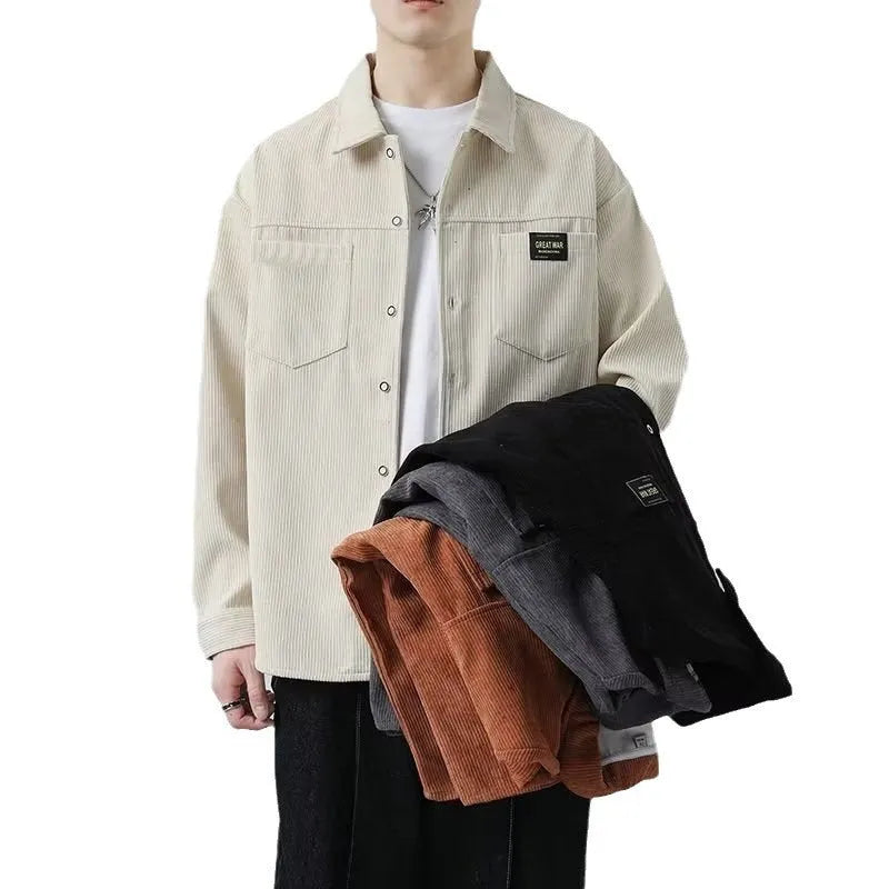 Men's casual long-sleeved corduroy jacket shirt cardigan in black, front view, showing textured fabric