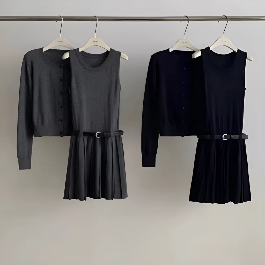 Women's grey national style knitted two-piece set with pleated vest skirt and long-sleeved cardigan.