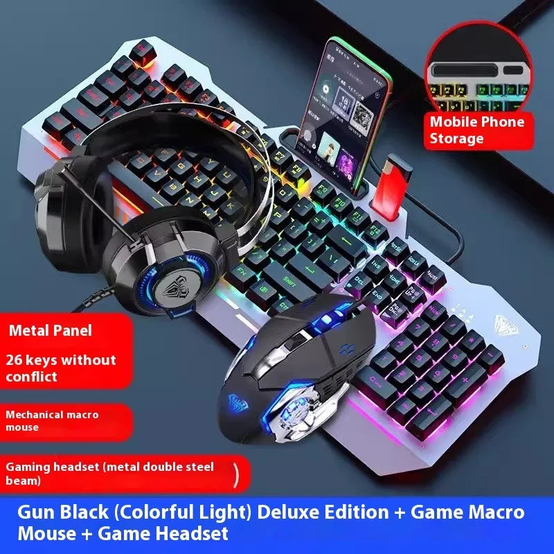 F3010 black and white metal gaming keyboard, mouse, and headset bundle with single-colour LED backlighting.