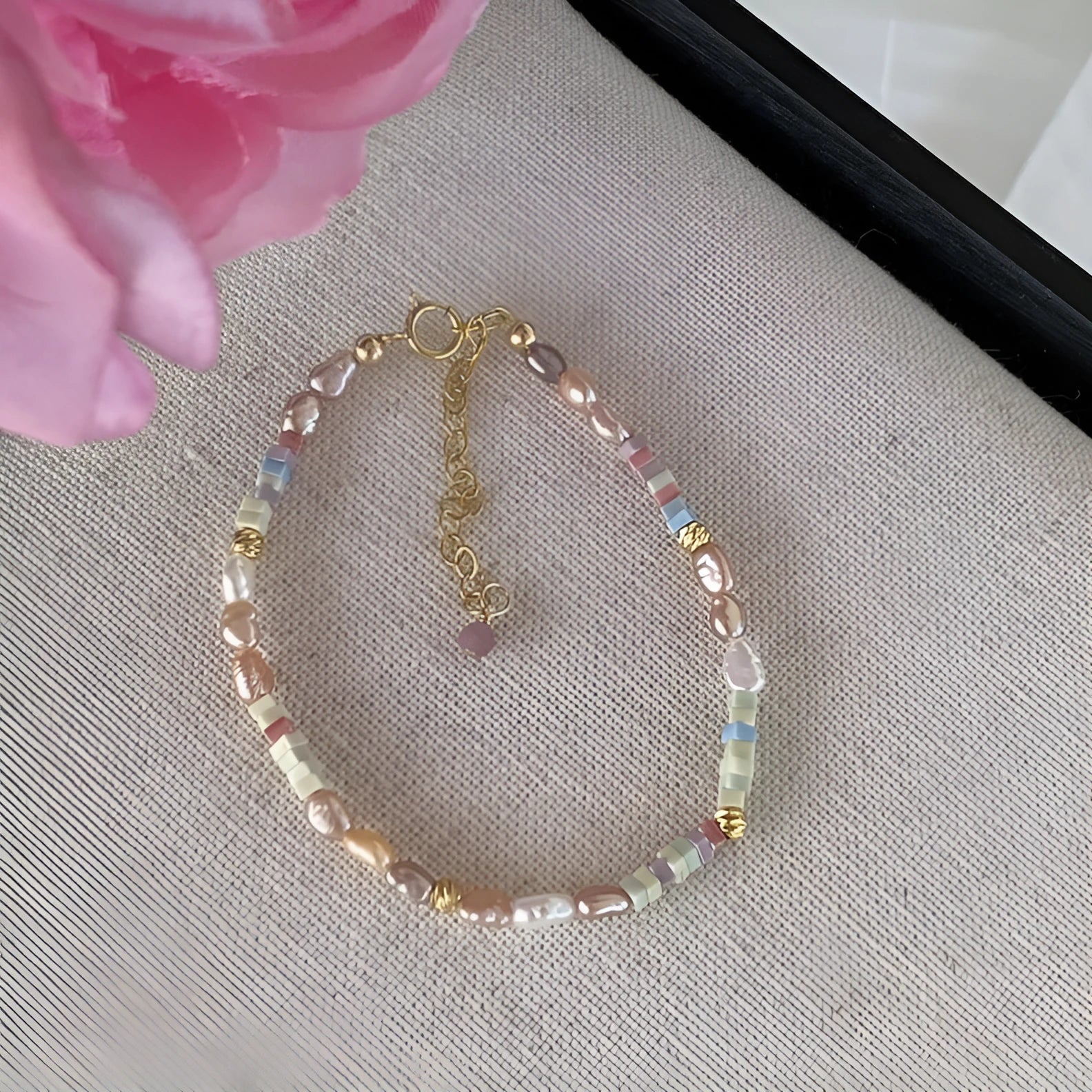 Natural pearl bracelet and necklace set with purple silver beads and 14K gilded accents in irregular U-shaped design
