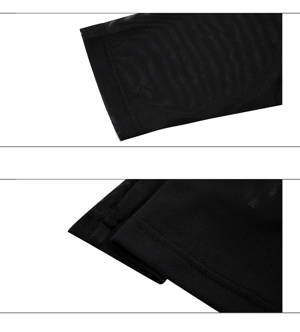 Men's black mesh slim-fit long-sleeved bottoming shirt on a hanger.