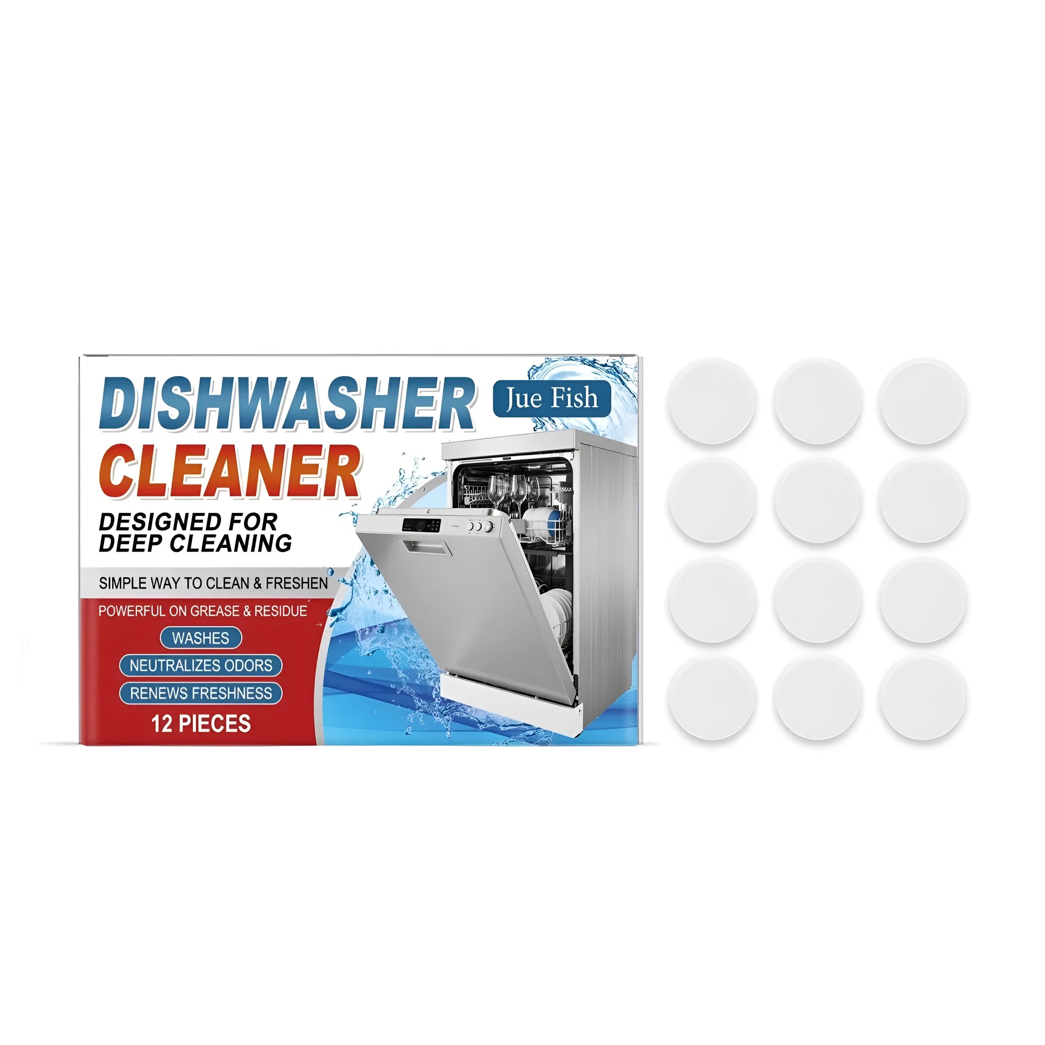 Pack of twelve white dishwasher cleaning tablets for appliance maintenance