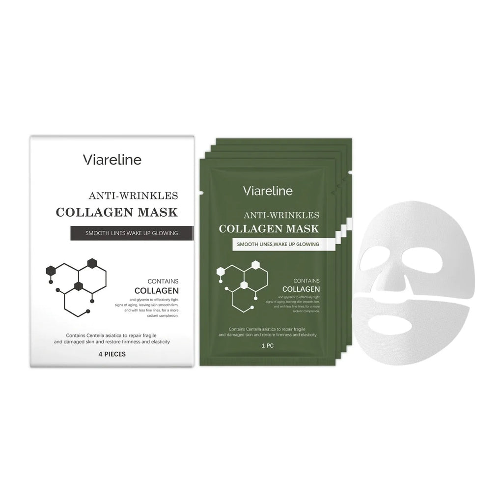 Anti-wrinkle collagen sheet mask with hyaluronic acid and nicotinamide serum in foil pack