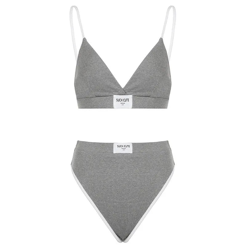 Women's grey polyester bikini set with embroidery decoration and contrast colour binding on shorts-length underwear