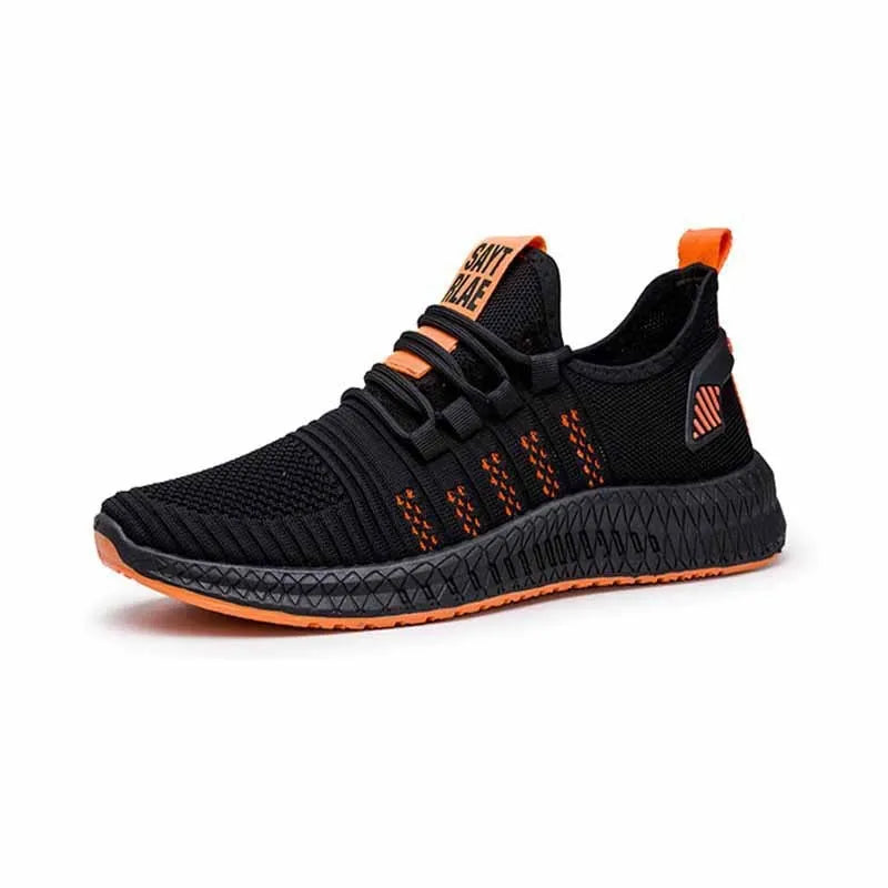 Men's black casual trainers with Flying Weave upper and cross strap detail on low-top sports shoes