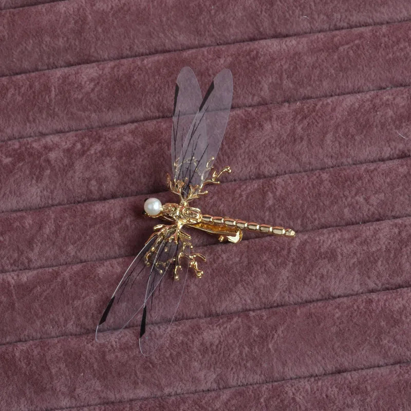Golden dragonfly side clip headdress for women with alloy metal construction