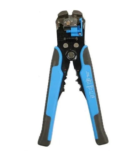 Yellow handheld 3-in-1 automatic wire stripper, crimper, and cutter tool with adjustment screw.