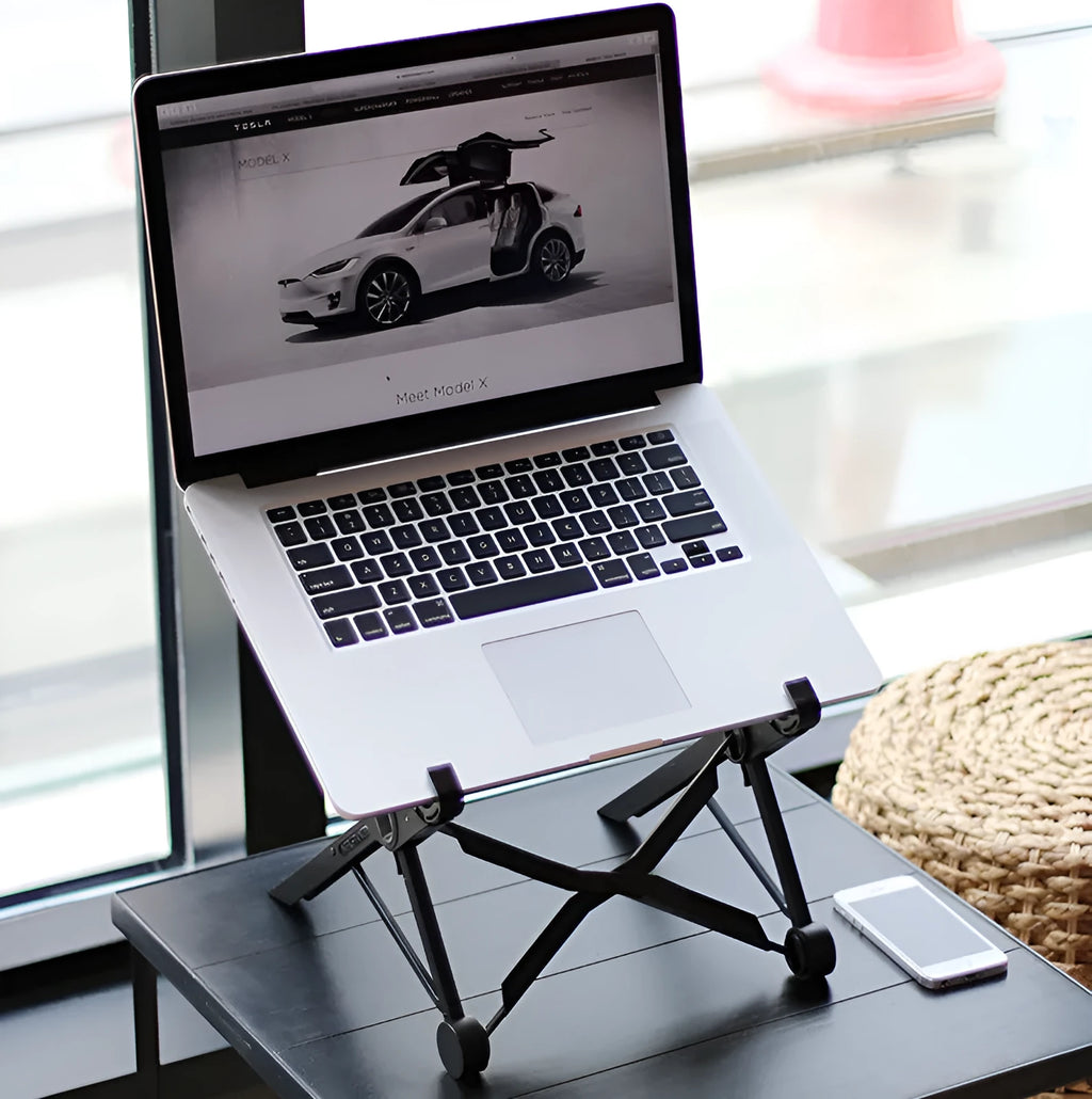 Black folding portable laptop stand showing reinforced nylon construction and compact 35.4cm design