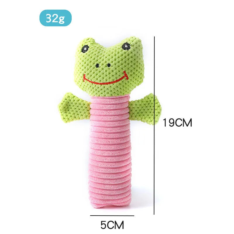 Plush dog squeaky chew toy in animal shape measuring 19cm long