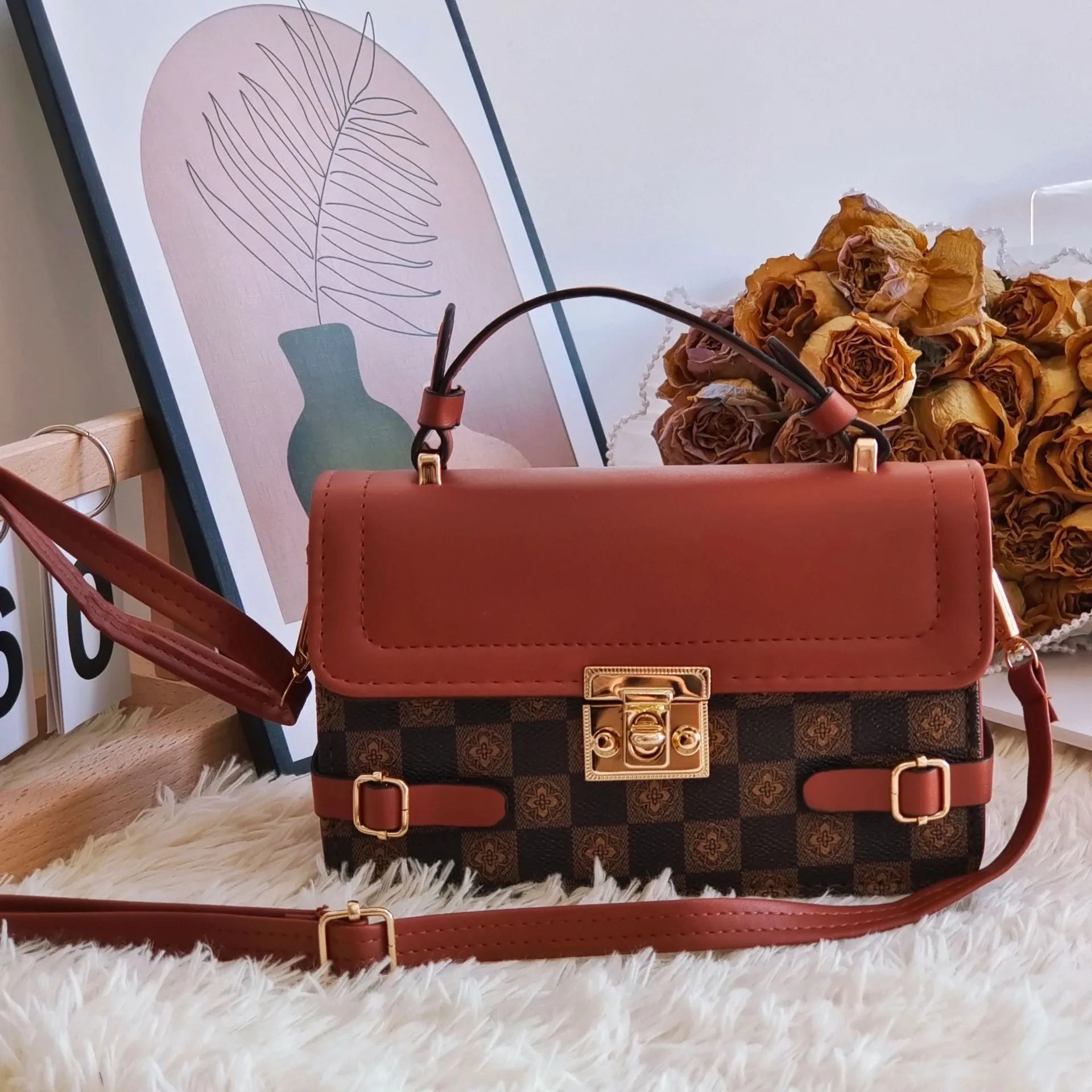 Retro small square ethnic pattern crossbody bag in apricot colour with floral stitching