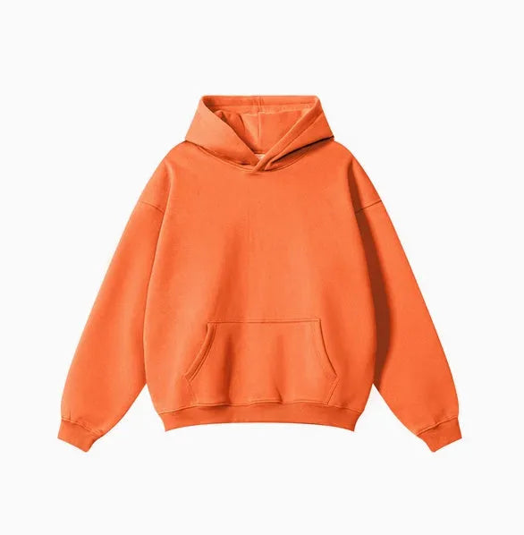 A loose-fit men's hooded sweater in 450g terry cotton with drop shoulders, shown in a solid colour.