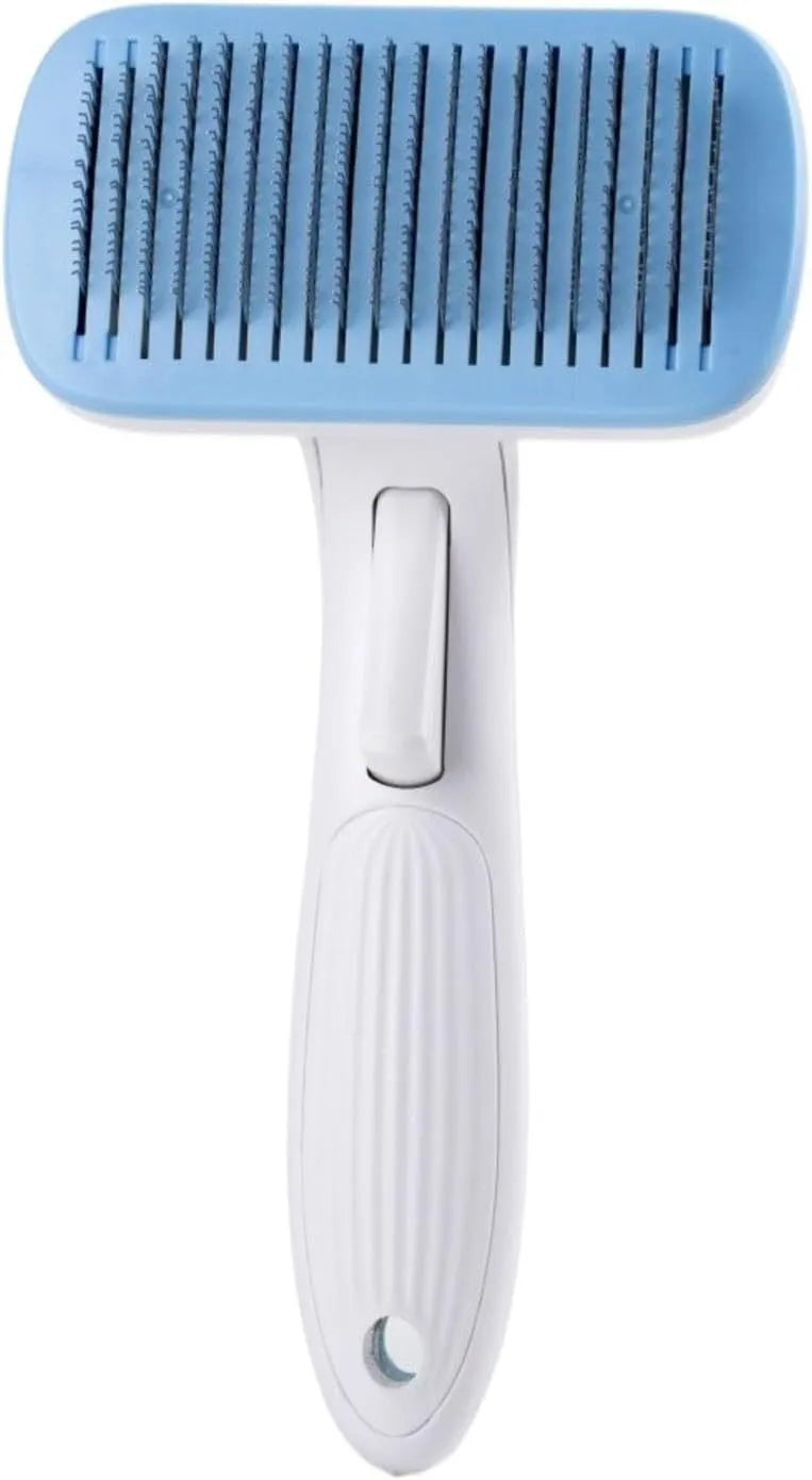 Automatic pet hair removal comb for dogs and cats in blue, grey, green, or pink with one-click needle technology