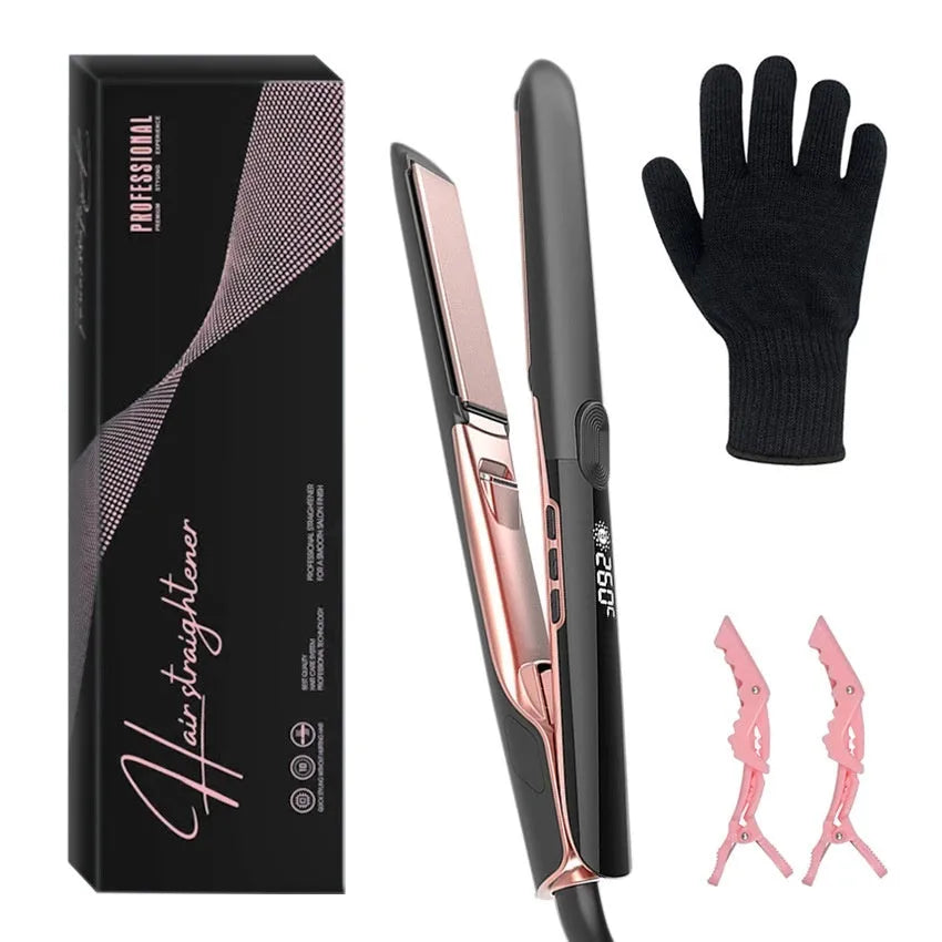 White hair straightener with digital temperature display, ceramic plates, and a fixed EU power cable.