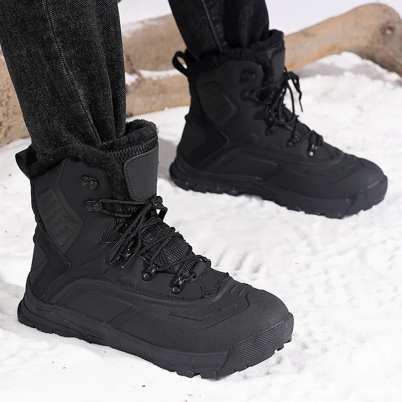 Men's black high-top boots with fleece lining, flat heel, and lace-up front
