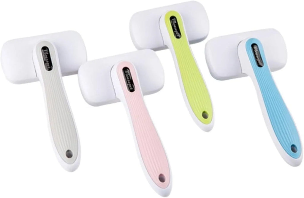 Automatic pet hair removal comb for dogs and cats in blue, grey, green, or pink with one-click needle technology