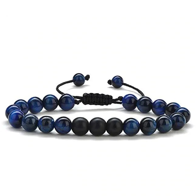 Pair of matte black agate bead bracelets with geometric design for couples.