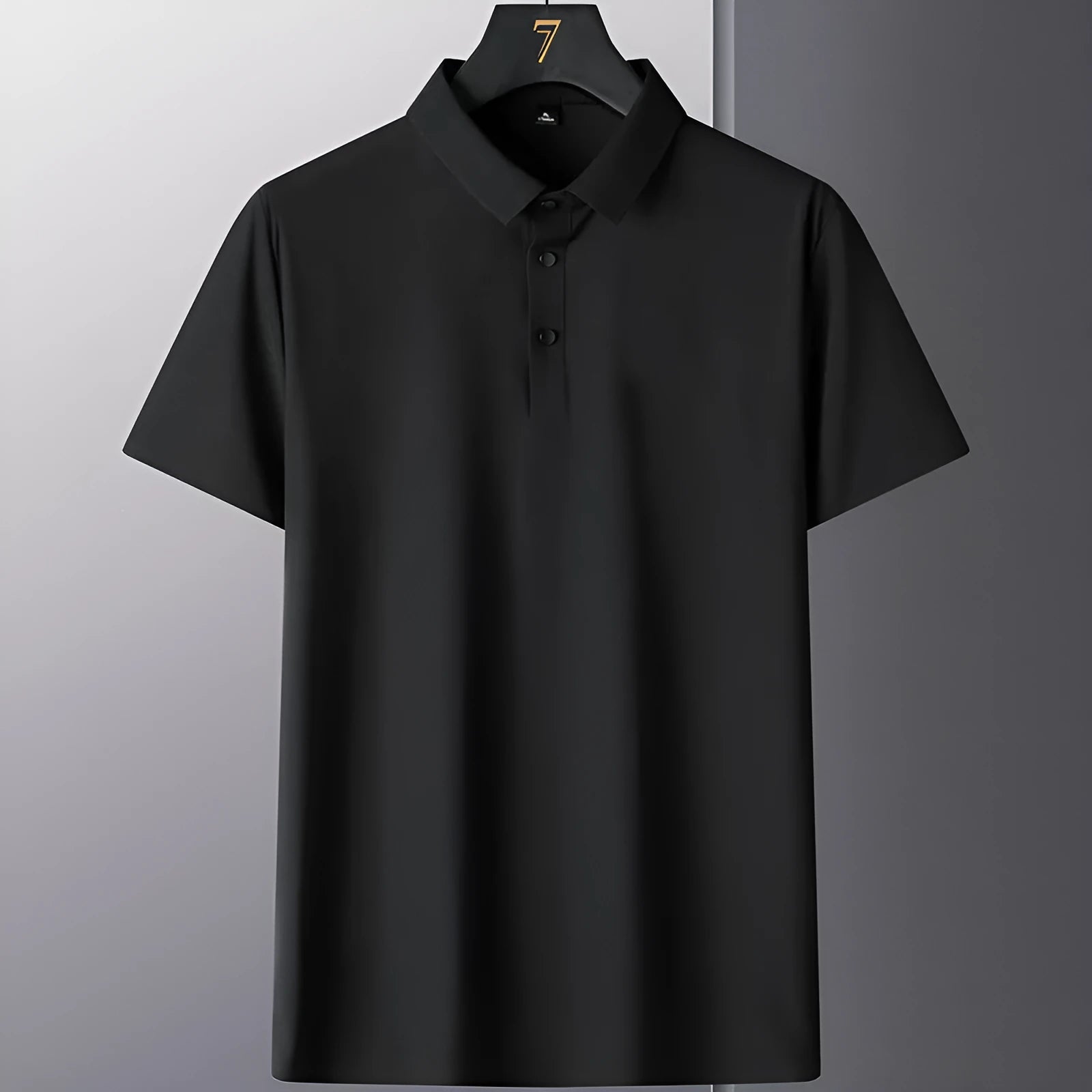 Men's solid colour non-ironing business casual short sleeve shirt on a hanger.