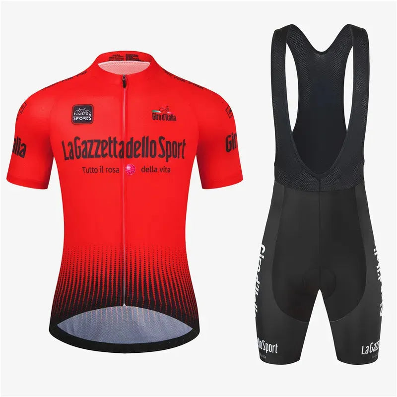 Unisex short sleeve cycling suit in row pattern design, made from quick-dry polyester fabric.