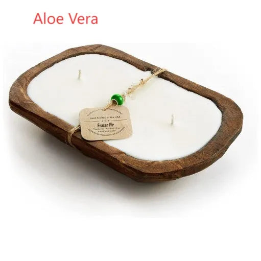 Retro lavender wooden basin containing a soy wax aromatherapy candle with a three-lamp wick.