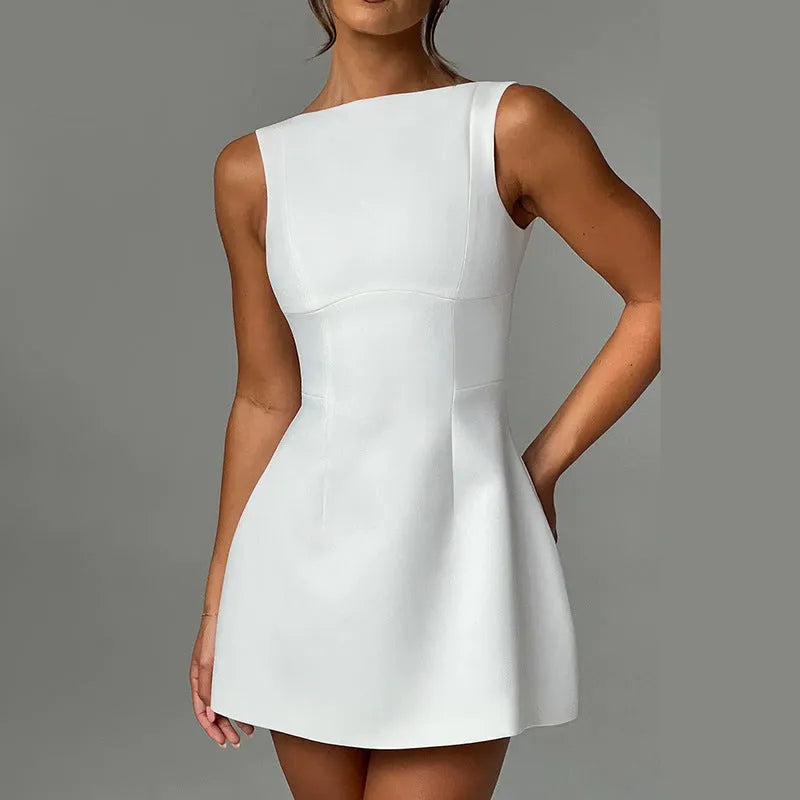 Women's black backless slim-fit summer dress with sleeveless sling straps and high waist.