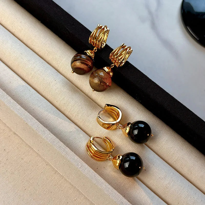 Geometric tigereye earrings with gold plating in French retro style, available in black and brown colours