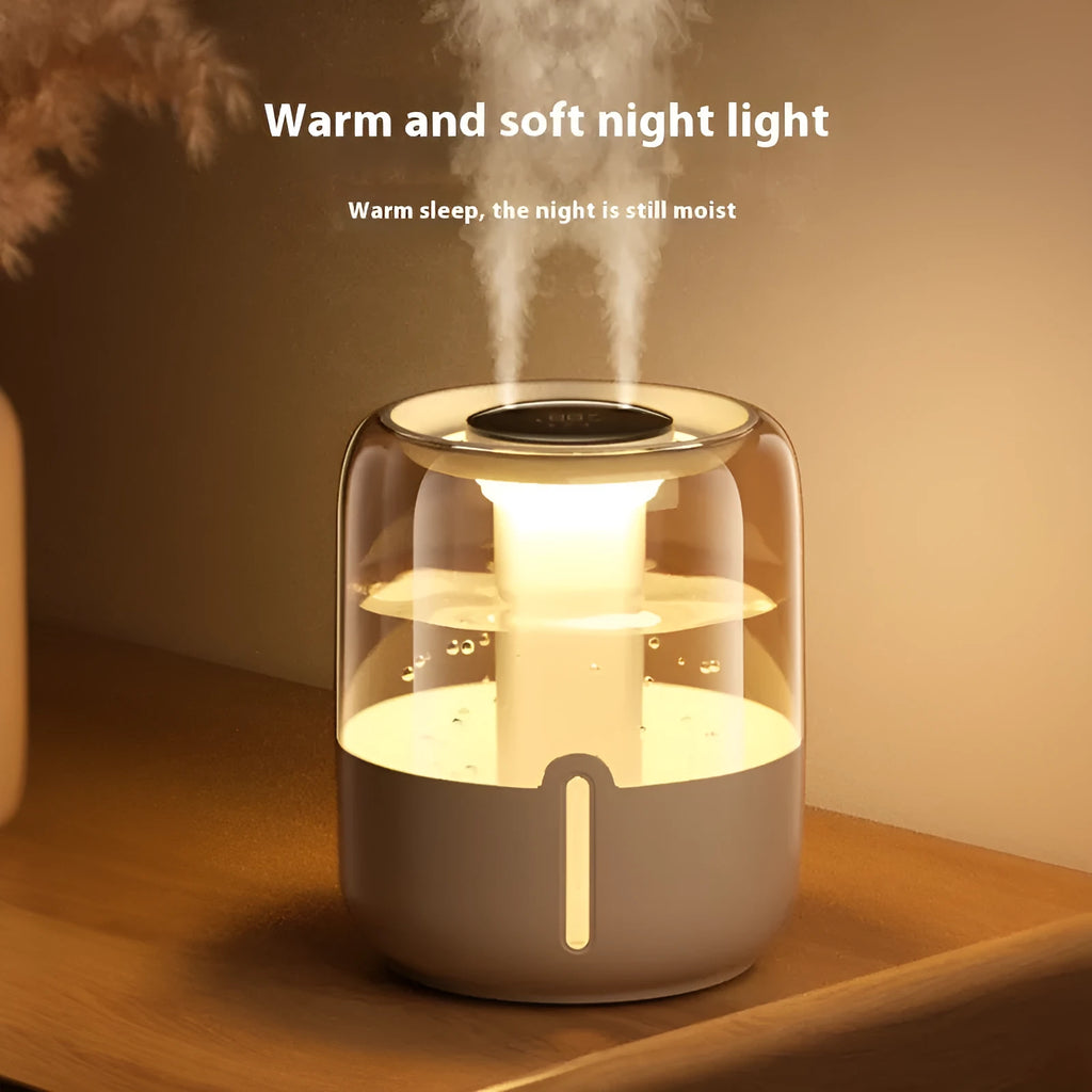 Beige round USB-powered humidifier with dual spray nozzles and display screen