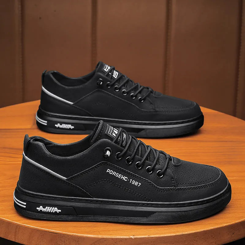 Men's black waterproof work shoes with artificial PU upper and rubber sole, low-top round toe design