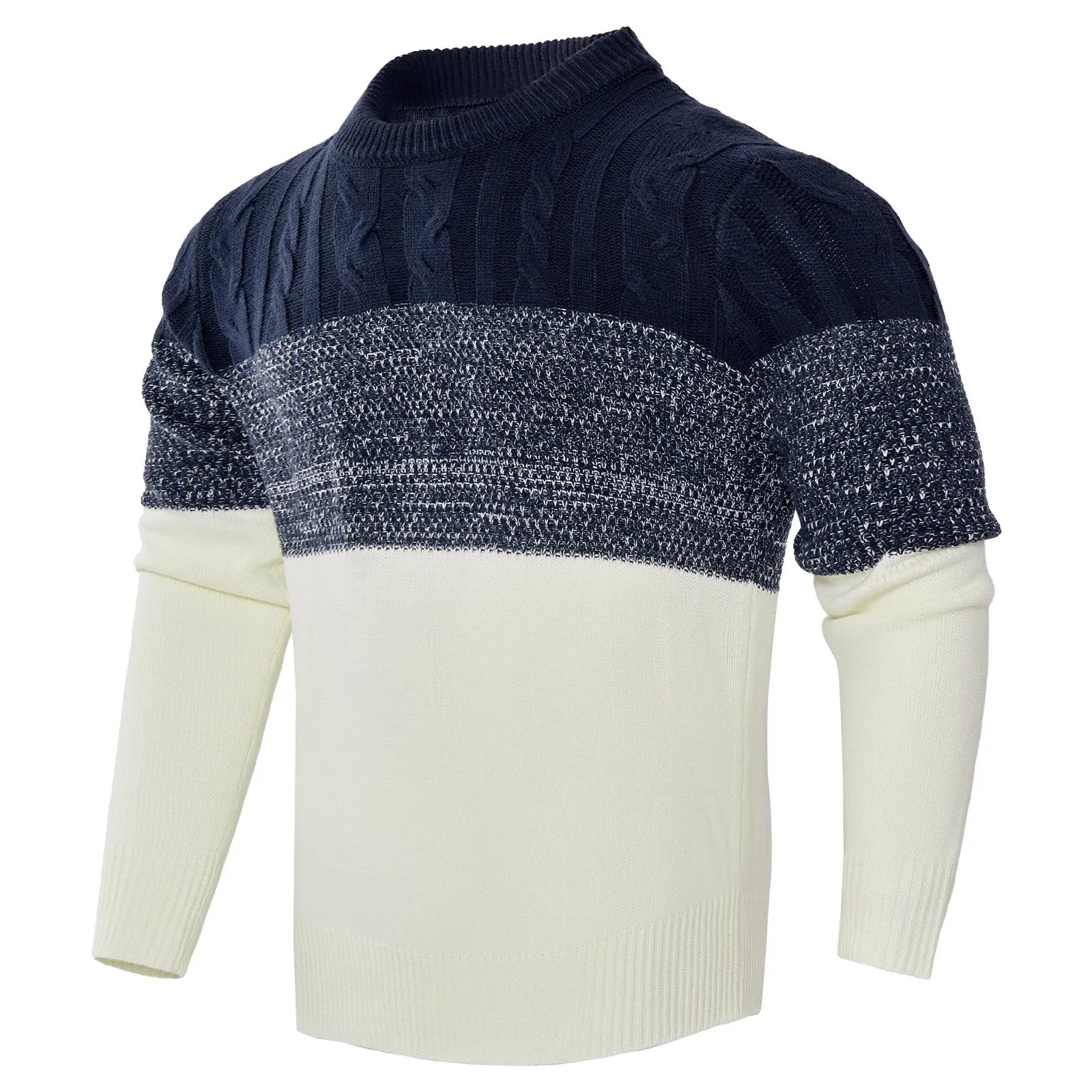 Men's grey knitted crew neck pullover sweater on a hanger.
