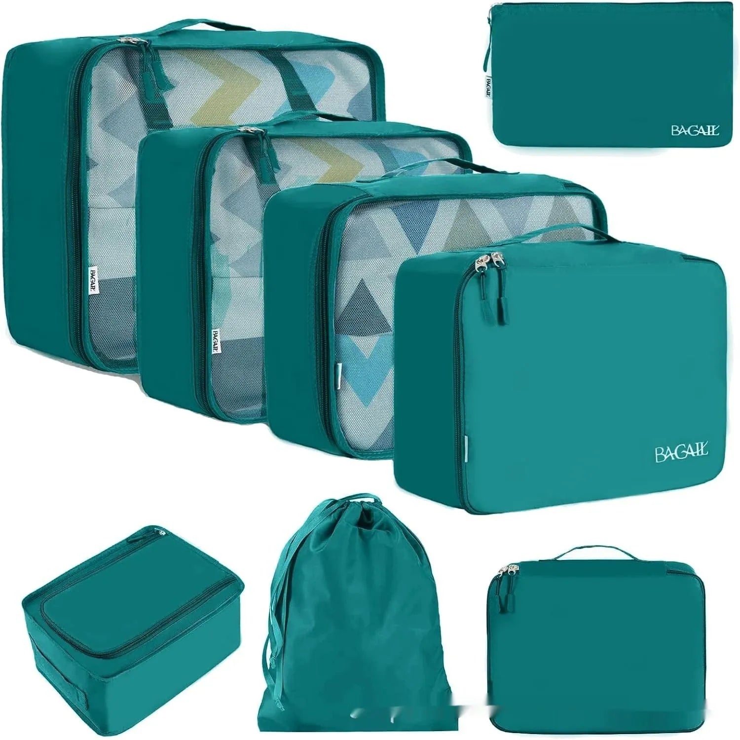 Set of eight cubic travel packing bags for underwear organisation in various colours including solid shades and patterns