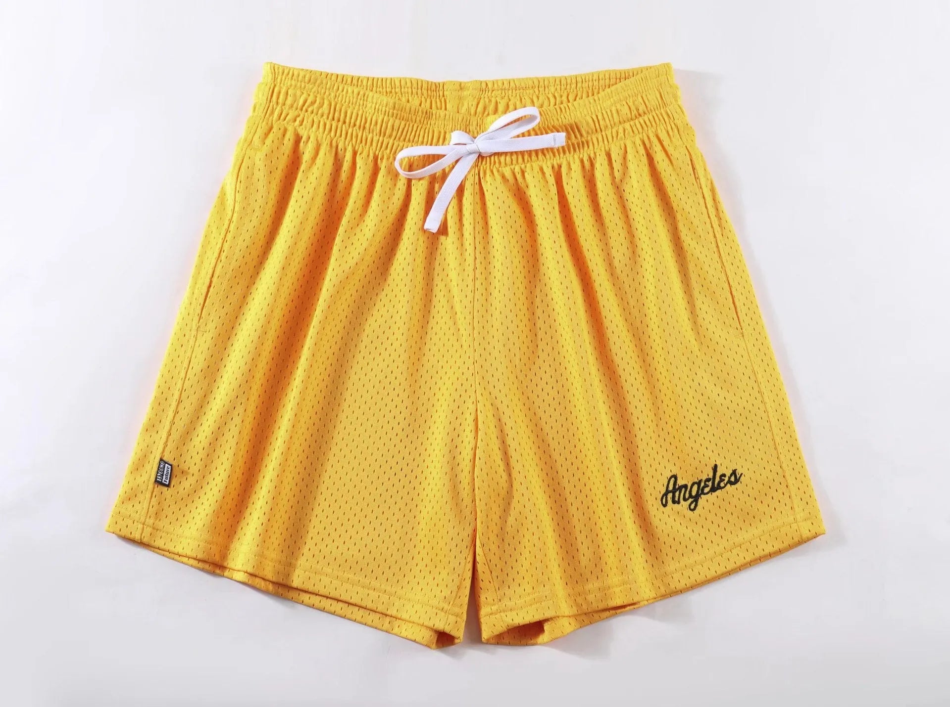 Men's personalised double-layer mesh sports shorts in multiple colours on a size chart.