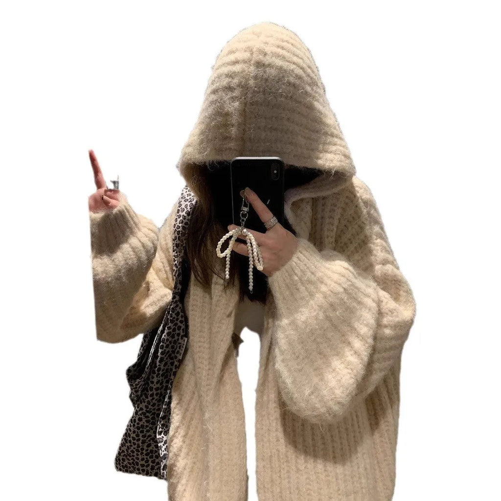 Women's retro style hooded sweater cardigan in acrylic fabric