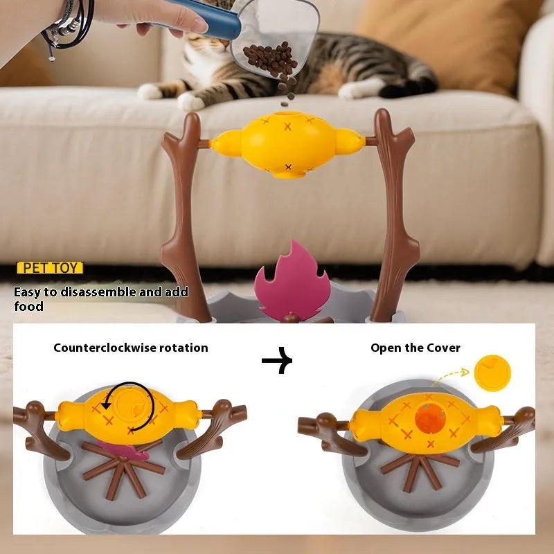 Barbecue-style cat food feeder toy with tumbling leakage mechanism for interactive feeding