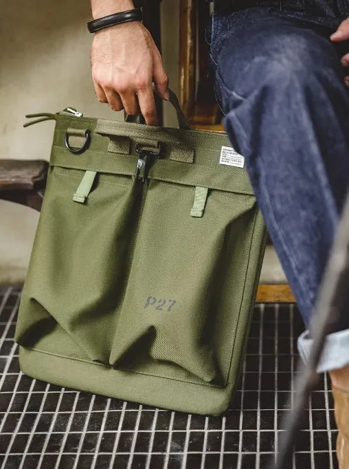 Marden Tooling Helmet Canvas messenger bag in charcoal black with crossbody strap and zipper closure
