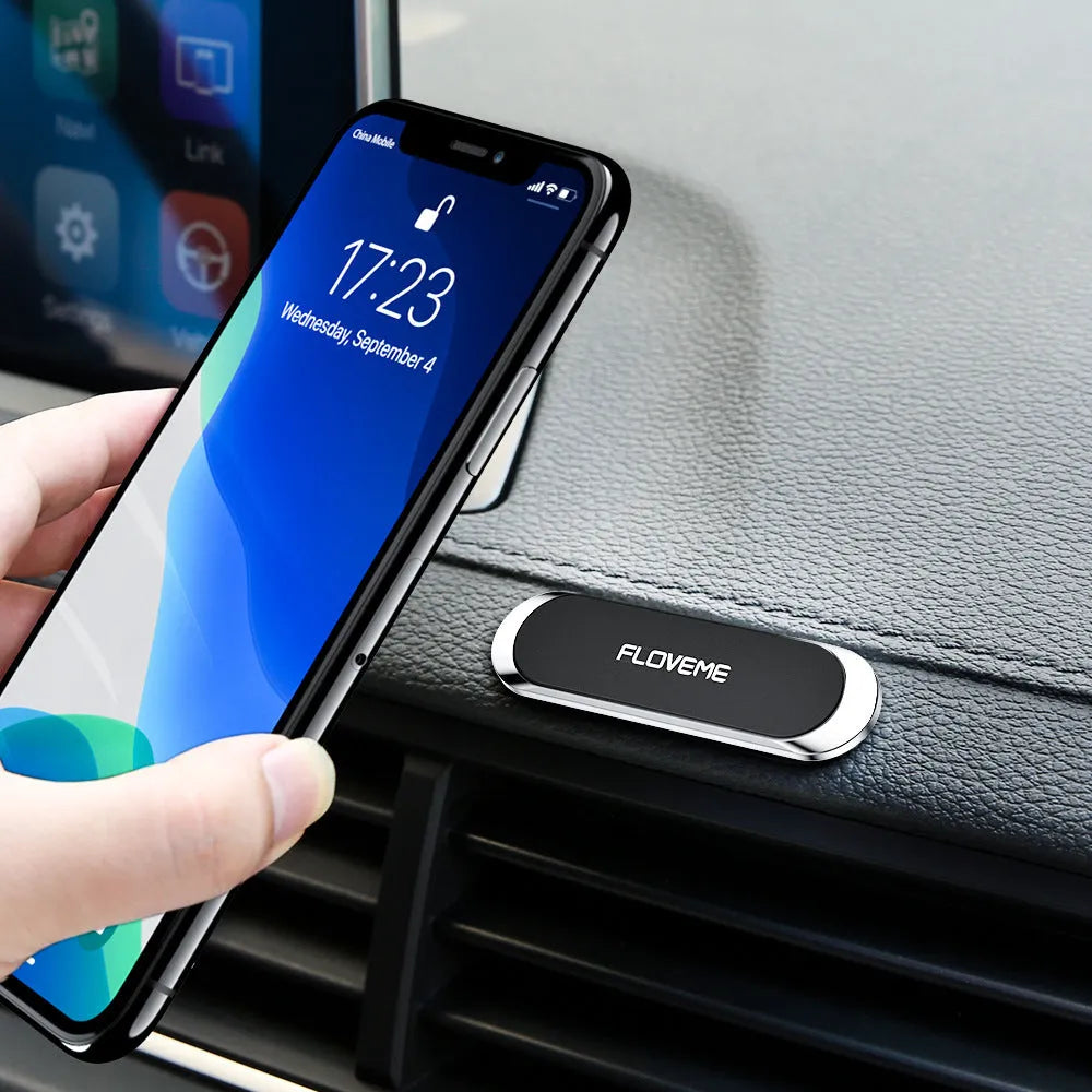 Black magnetic car phone holder with silver iron sheet and foam adhesive for dashboard mounting