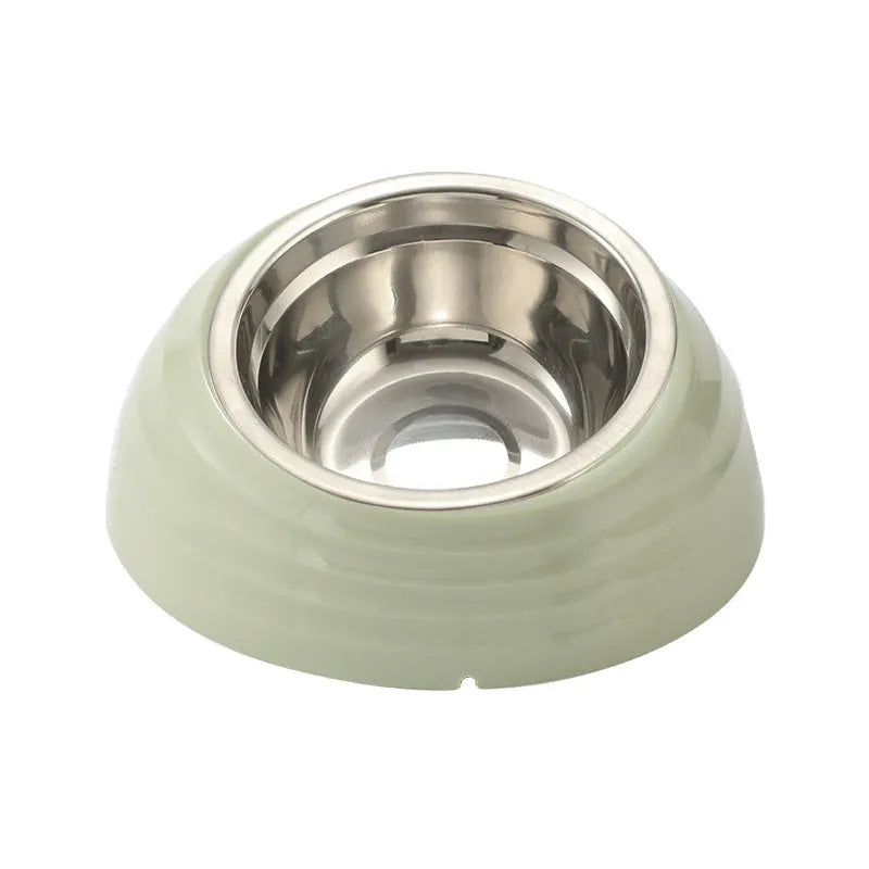 Stainless steel cat bowl with plastic base in beige, brown, or light green.