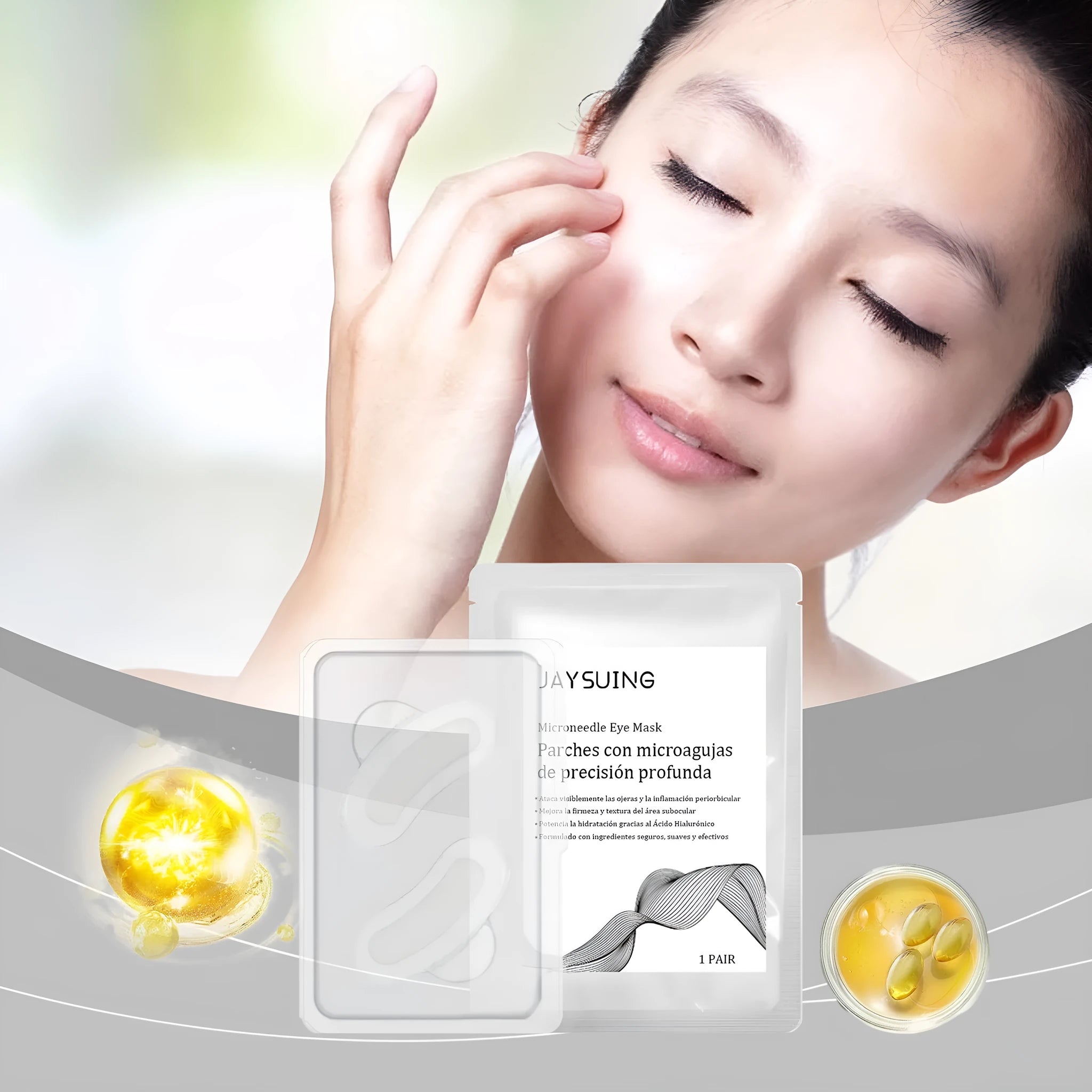 Single pair of microneedle eye patches for under-eye treatment with hyaluronic acid and retinoic acid.