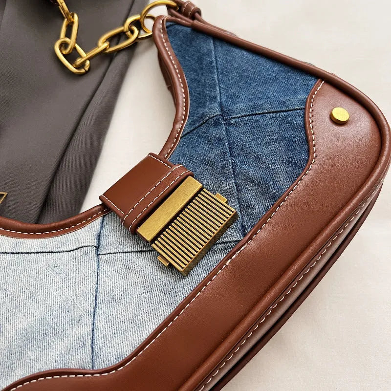 Brown denim women's shoulder bag with diamond chain straps and bucket shape