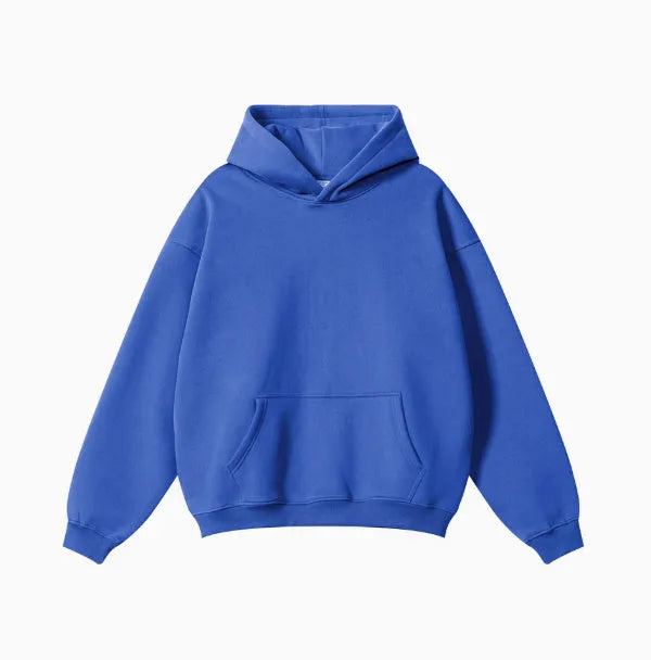 A loose-fit men's hooded sweater in 450g terry cotton with drop shoulders, shown in a solid colour.